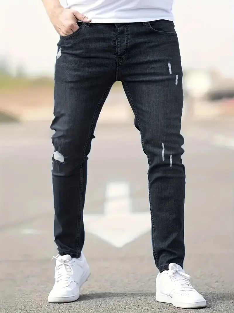 Heren slim fit spijkerbroek met dichte scheurtjes